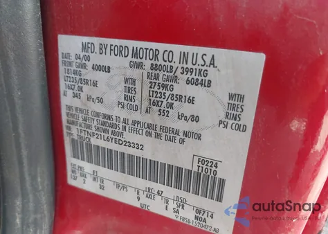 2000 Ford F250 Super Duty z USA, uszkodzony, nr VIN 1FTNF21L6YED23332